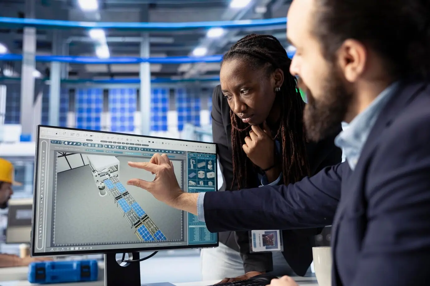 Geschäftspartner einer Solarmodulfabrik, die den Energieverbrauch der Fabrik prüfen.